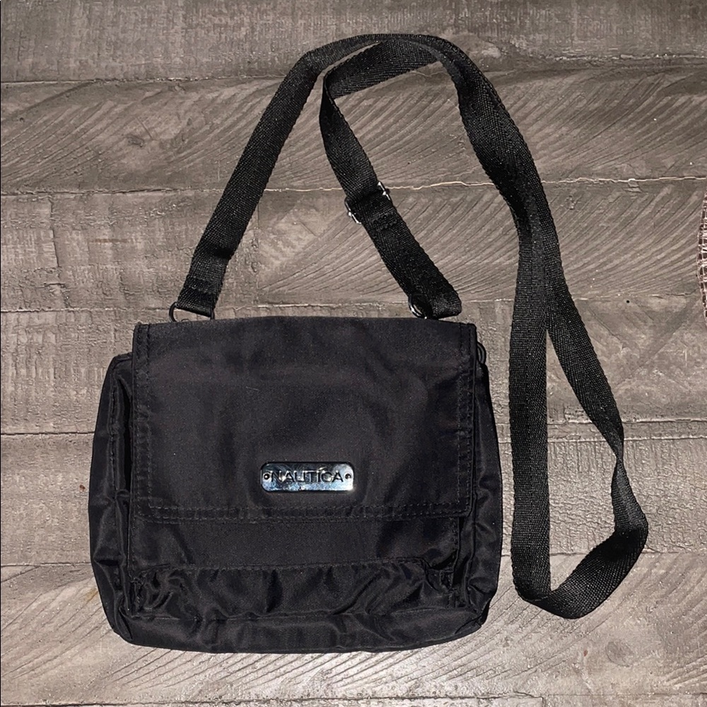 Nautica Black Messenger Bag with Flap Closure